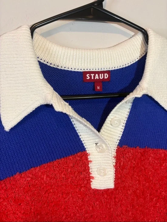 STAUD Spencer Top in Hibiscus & Atlantic Rugby Stripe Red White and Blue Texture - Picture 4 of 10